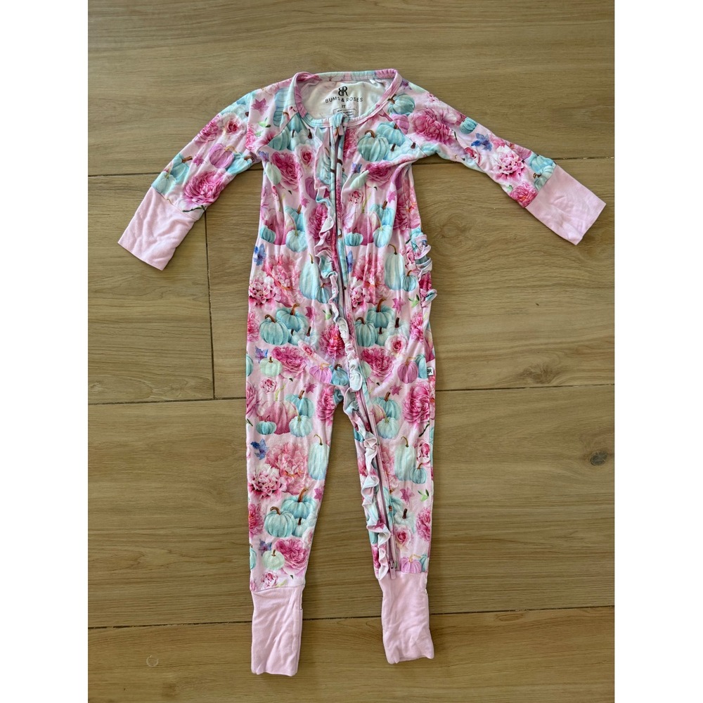 Bums & Roses Pink Floral Teal Pumpkin Bamboo Viscose Ruffle Romper 2T Toddler